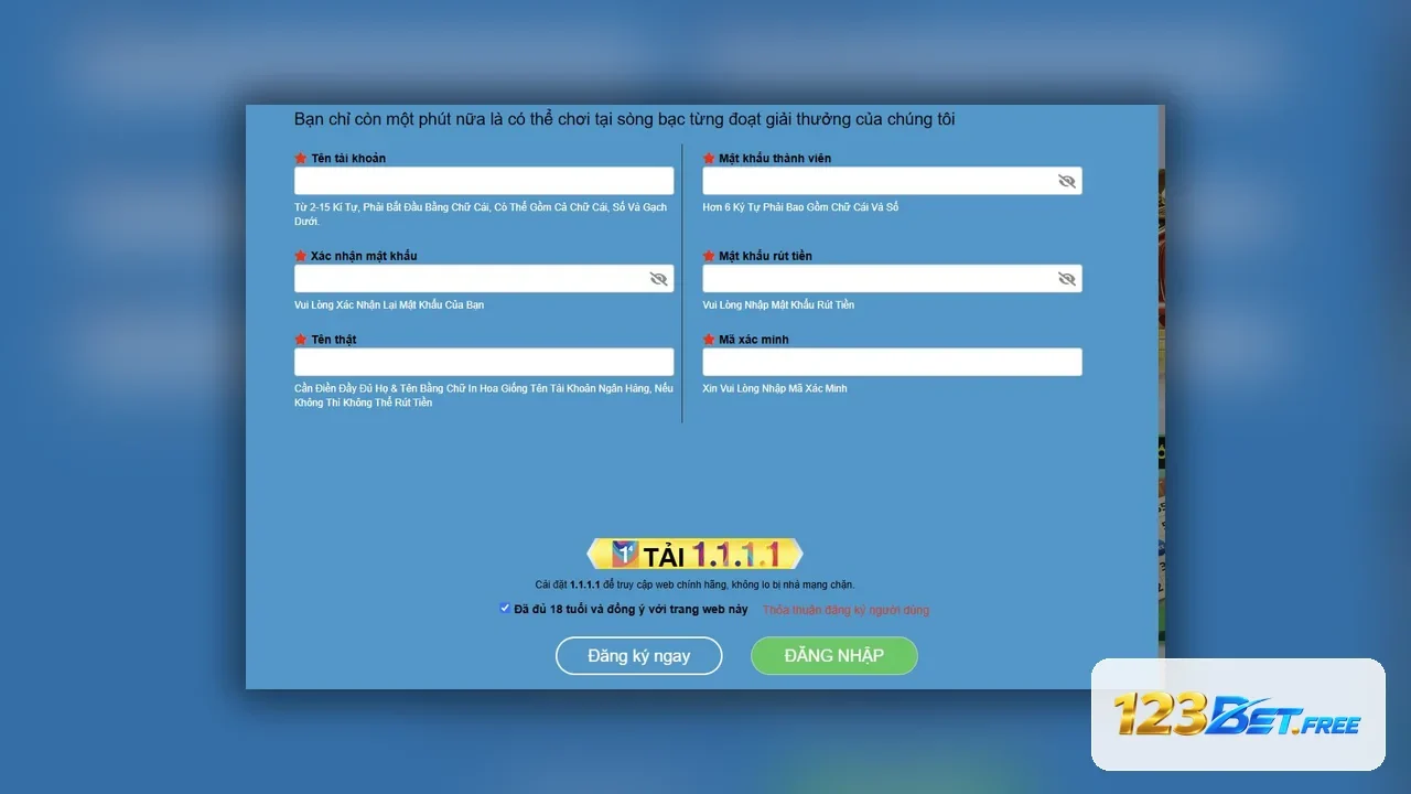 Biểu mẫu đăng ký tài khoản 123BET Free